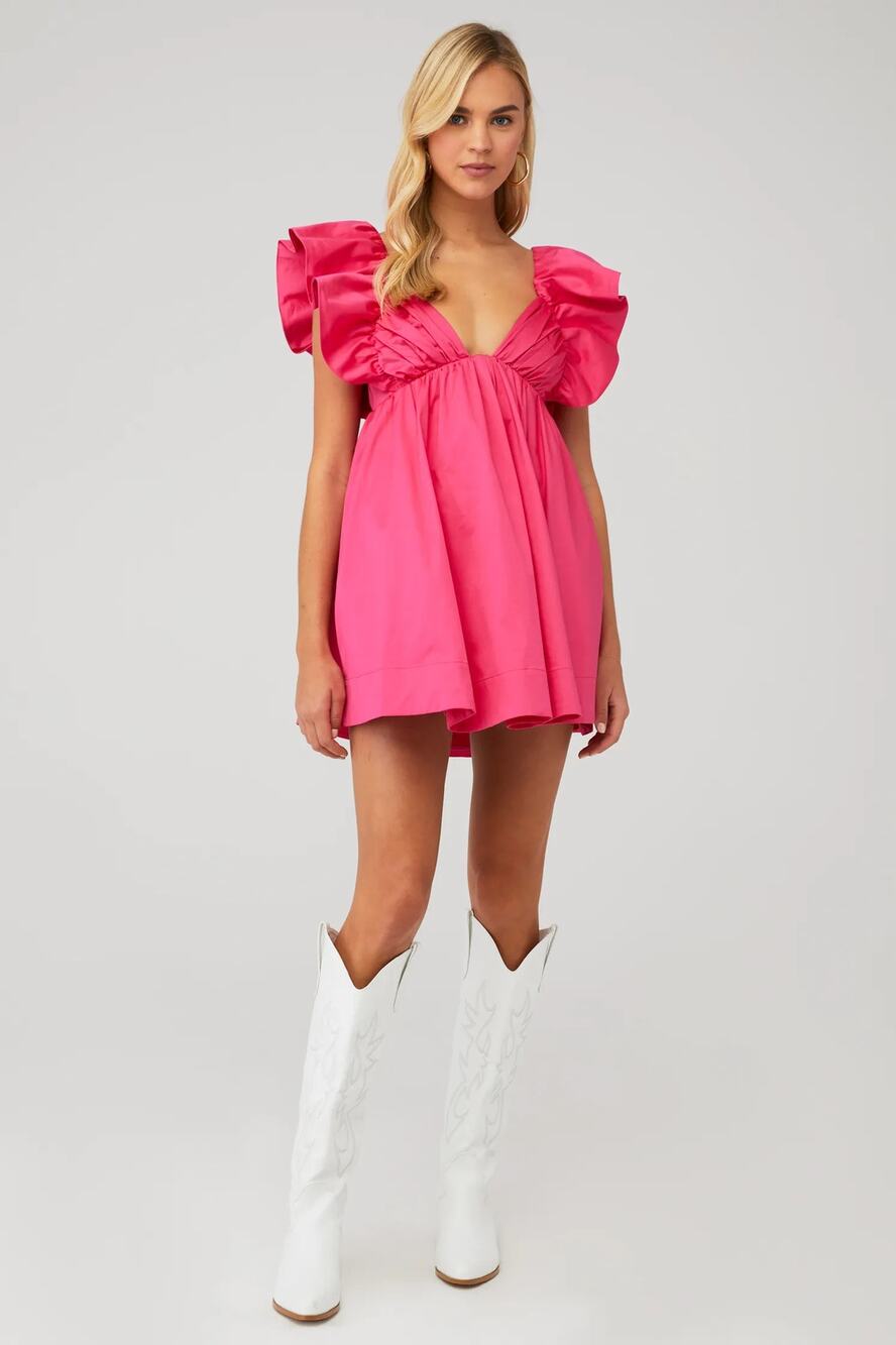 For Love & Lemons Clementine Poplin Babydoll Mini Dress Ruffle Cap Sleeve Pink M